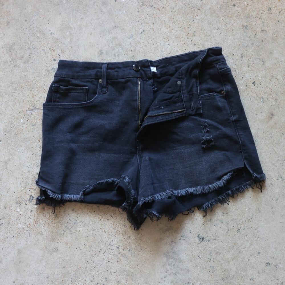 Black Good American Distressed Cutoff Denim Shorts Size 12 / 31